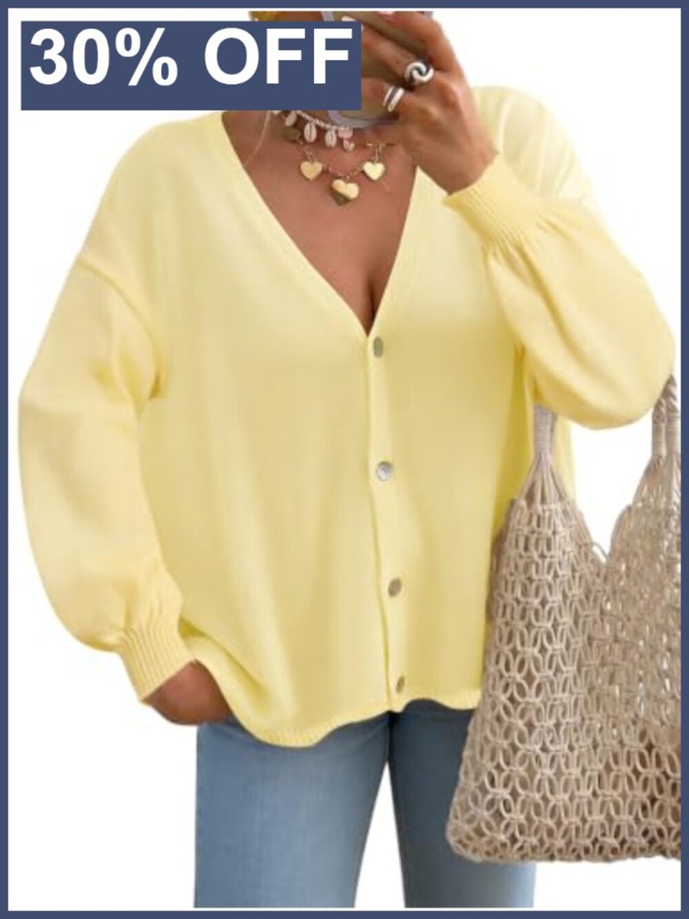 Oversized Knit Cardigan Lantern Sleeve Button Down Sweater Top